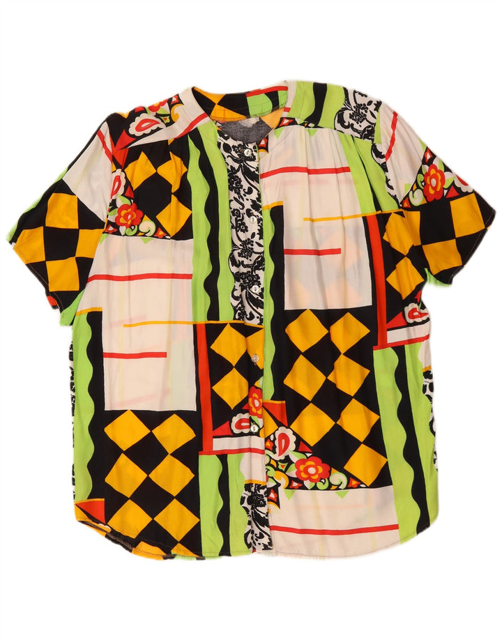 Blusa feminina vintage de manga curta UK 20 2XL patchwork multicolorido