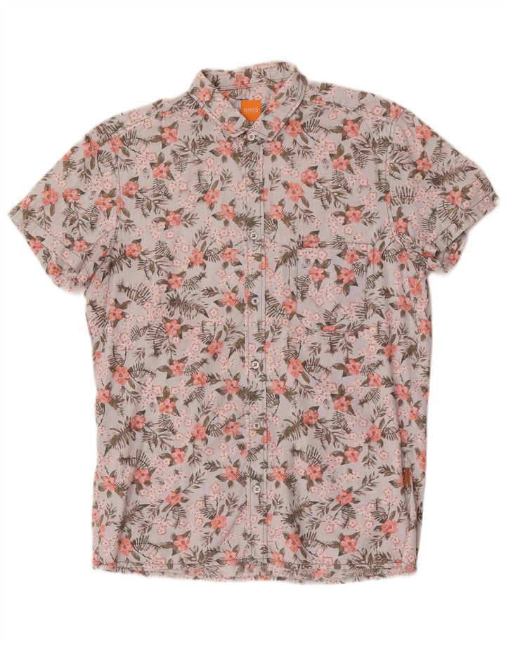 Camisa masculina de manga curta Hugo Boss algodão floral azul médio