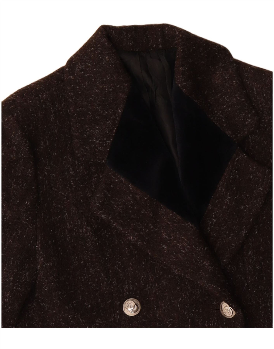 Casaco feminino VINTAGE com peito duplo Reino Unido 12 lã manchada marrom médio