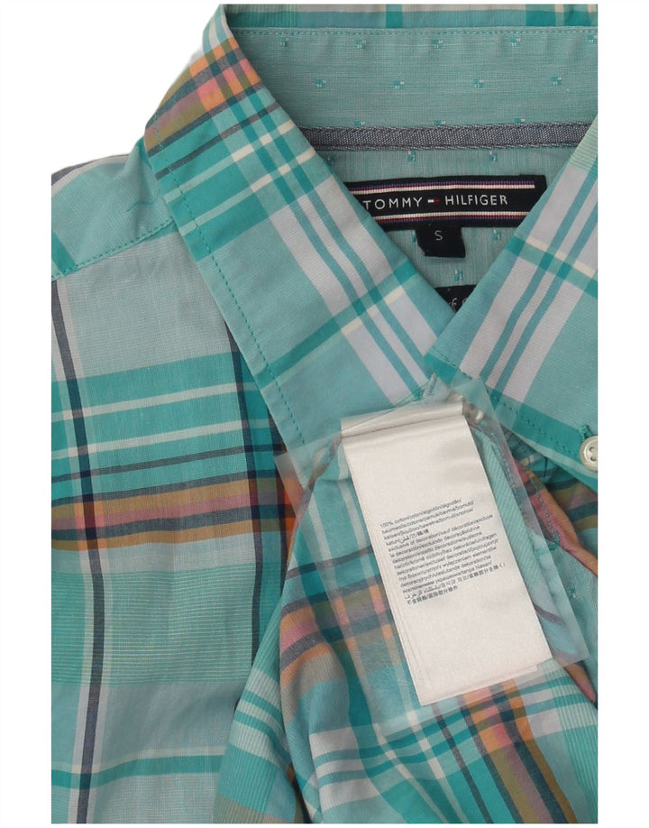 Camisa masculina Tommy Hilfiger pequena xadrez turquesa de algodão