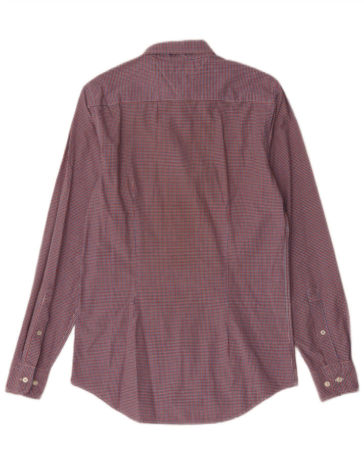 Tommy Hilfiger Camisa masculina slim fit pequena de algodão vermelho guingão