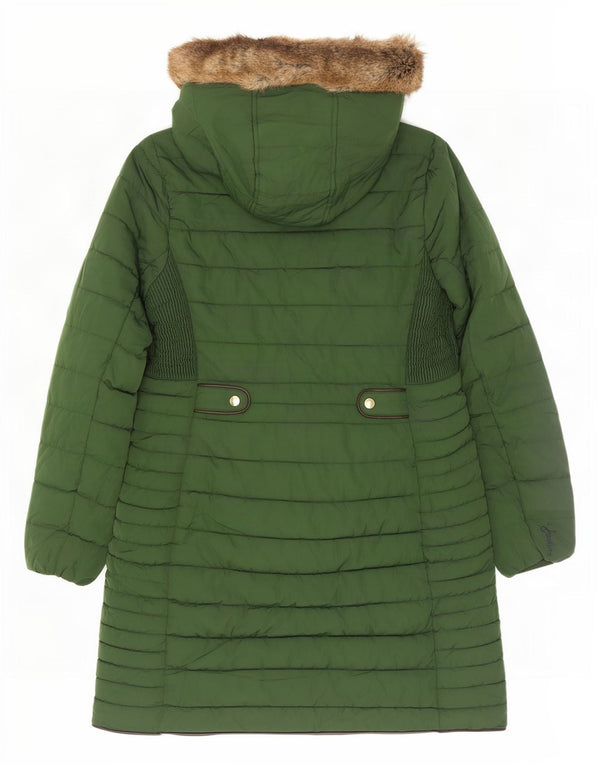 Casaco acolchoado com capuz feminino Joules UK 12 poliéster verde médio