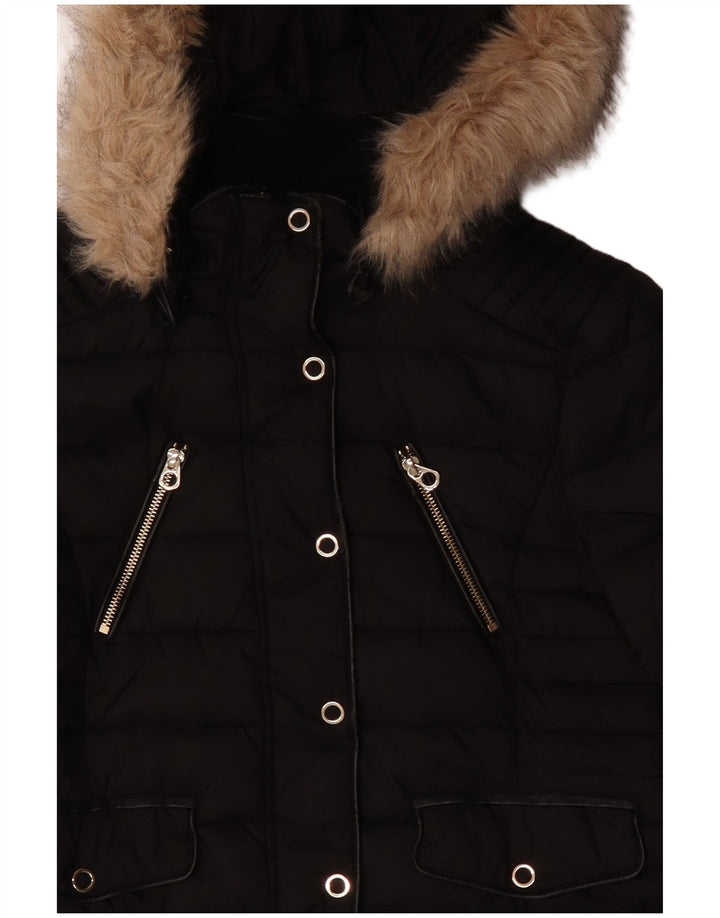 Jaqueta acolchoada com capuz feminino Zara UK 14 poliéster preto médio