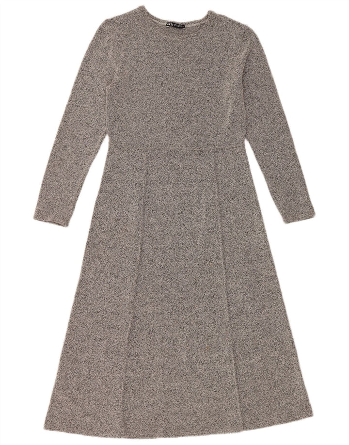 Vestido feminino Zara manga comprida linha A UK 12 cinza médio manchado