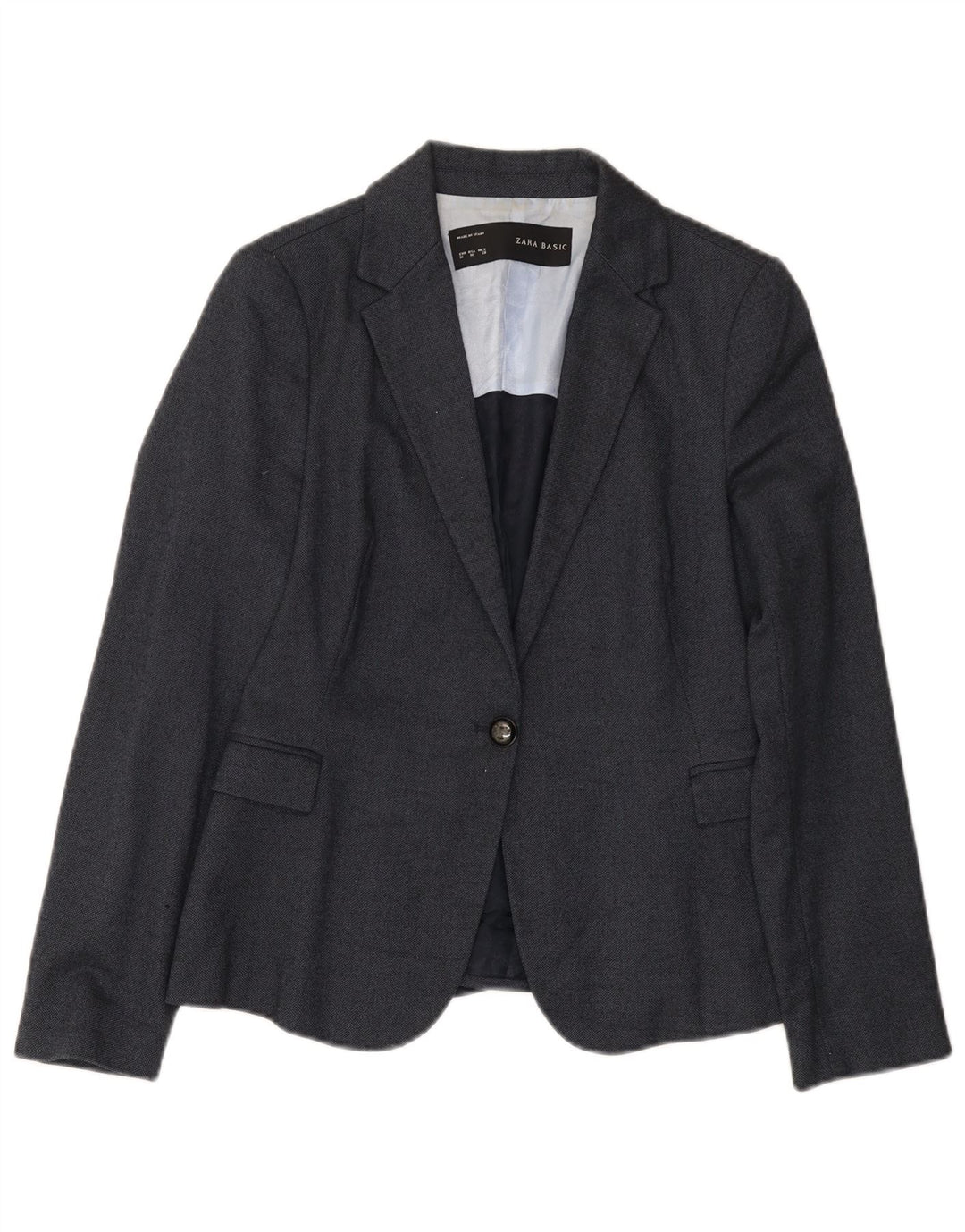 Jaqueta blazer feminina Zara com 1 botão Reino Unido 12 poliéster azul marinho médio