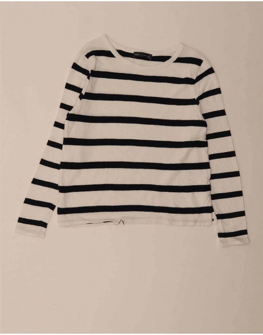 Top feminino Marks & Spencer de manga comprida UK 10 pequeno algodão listrado branco