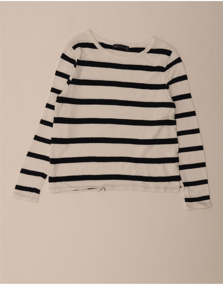 Top feminino Marks & Spencer de manga comprida UK 10 pequeno algodão listrado branco