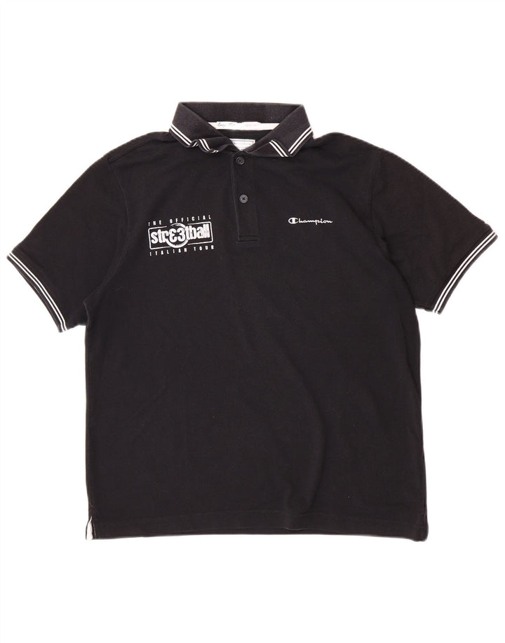 Camisa polo masculina Champion Easy Fit gráfica de algodão preto médio