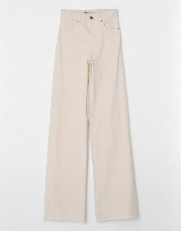 Zara Jeans feminino cintura alta com perna larga EU 34 2XS W24 L33 algodão branco