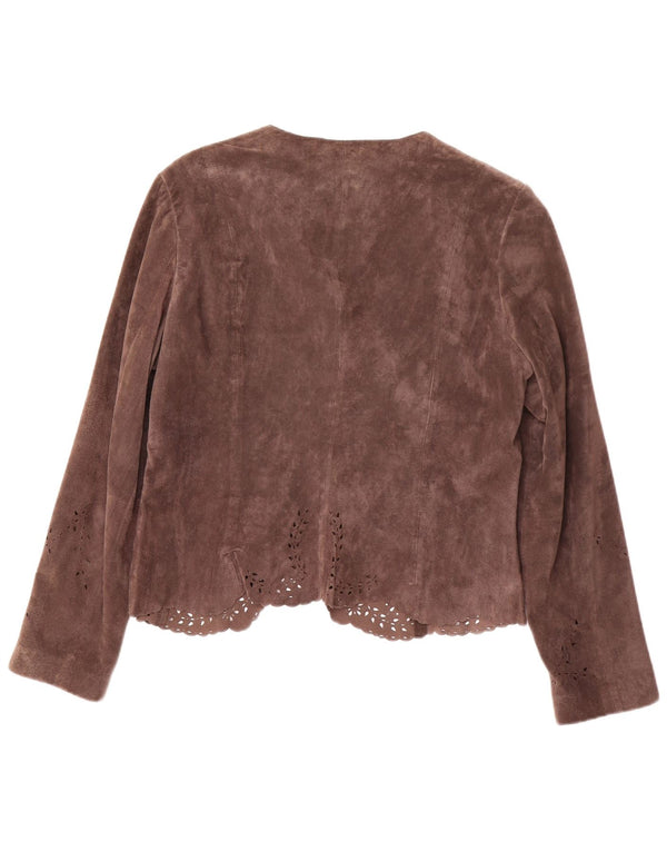 Jaqueta blazer feminina de camurça aberta MONSOON Reino Unido 16 grande couro marrom