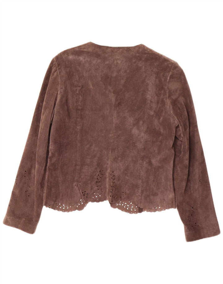 Jaqueta blazer feminina de camurça aberta MONSOON Reino Unido 16 grande couro marrom