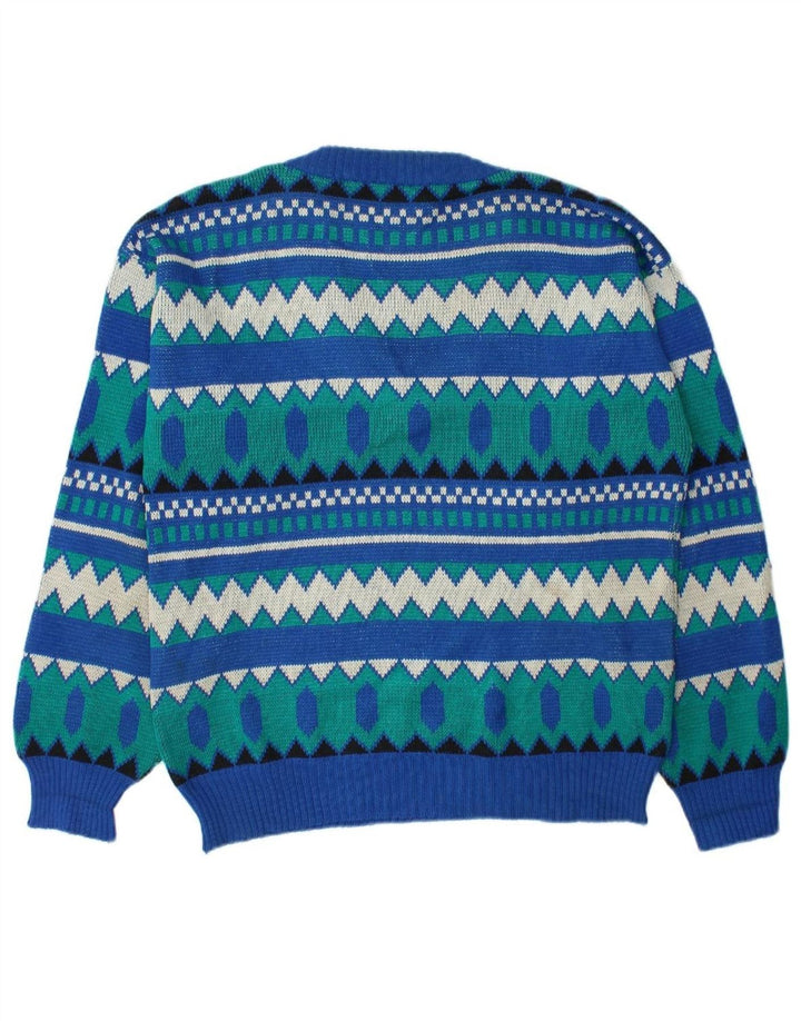 Suéter masculino VINTAGE com decote em V médio azul geométrico