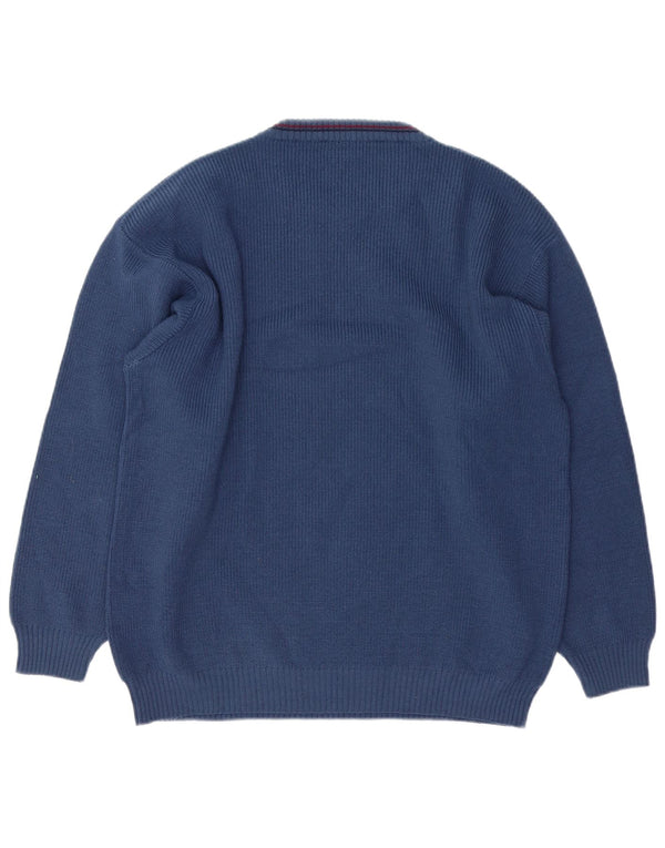 VINTAGE Mens Graphic Crew Neck Jumper Sweater XL Blue Wool