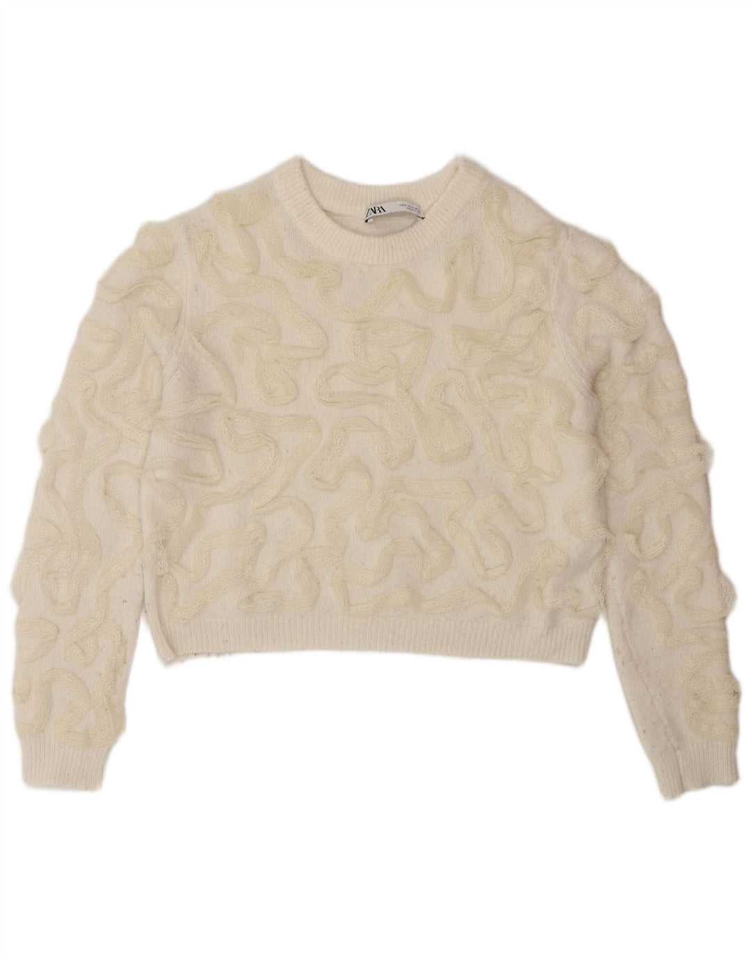 Suéter feminino Zara com estampa abstrata e gola redonda, tamanho UK 10, pequeno, off white