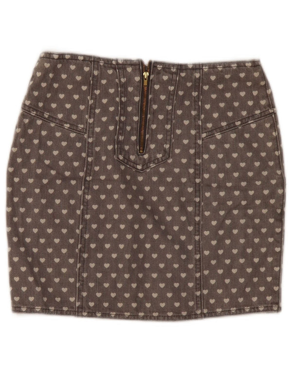 Mini saia jeans feminina Topshop Reino Unido 8 pequena W28 algodão cinza coração