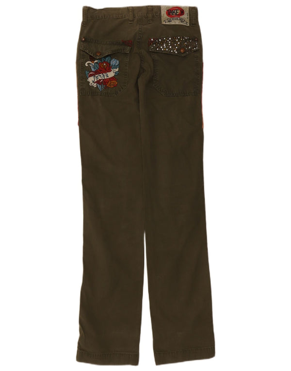 Calça feminina casual reta Take Two W27 L34 cáqui floral algodão