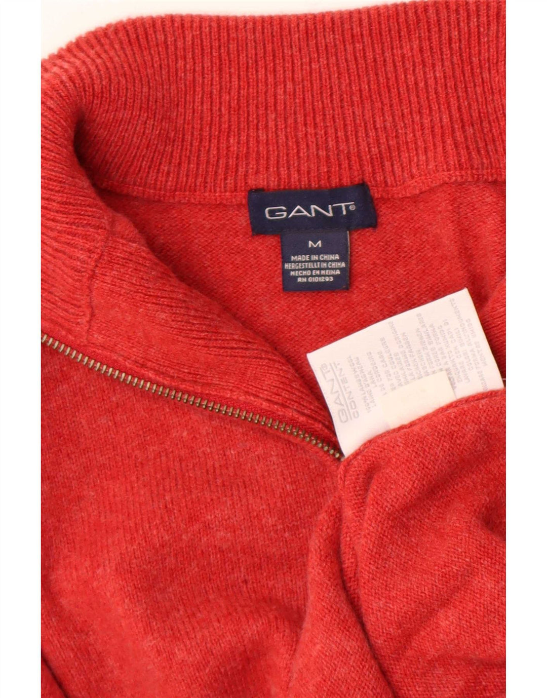 Suéter masculino Gant com zíper e gola em lã de carneiro vermelho médio