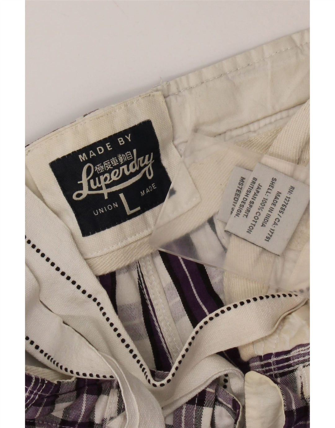 Shorts chino masculino SUPERDRY grande W36 algodão xadrez roxo