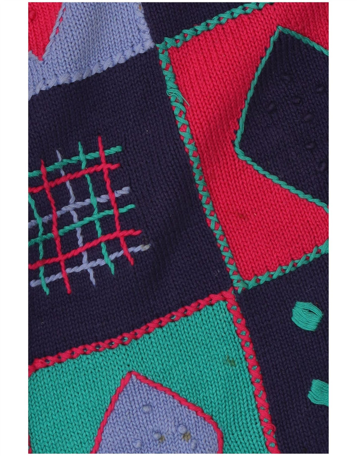 Suéter feminino VINTAGE com gola redonda UK 14 patchwork azul marinho médio
