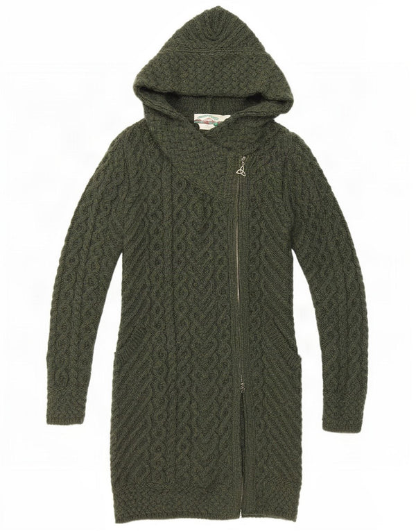 arancrafts Womens Longline Hooded Cardigan Sweater UK 10 Small Green