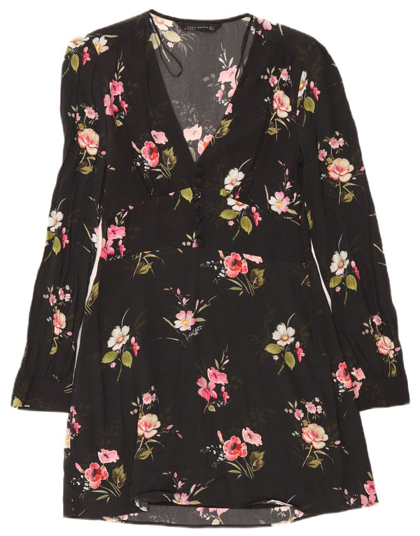 Vestido feminino Zara manga comprida evasê UK 10 pequeno preto floral