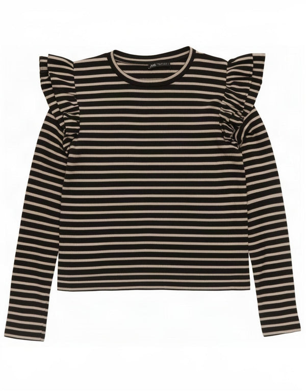 Blusa feminina de manga comprida Zara UK 10 algodão listrado preto pequeno