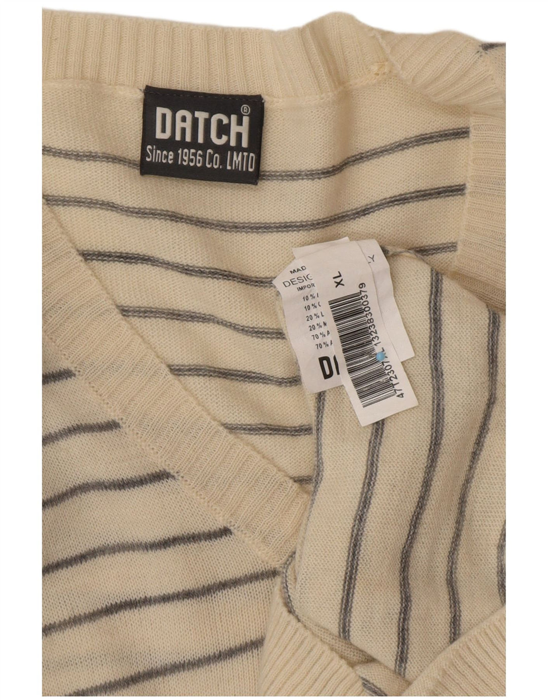 Suéter masculino DATCH com decote em V XL em acrílico listrado branco