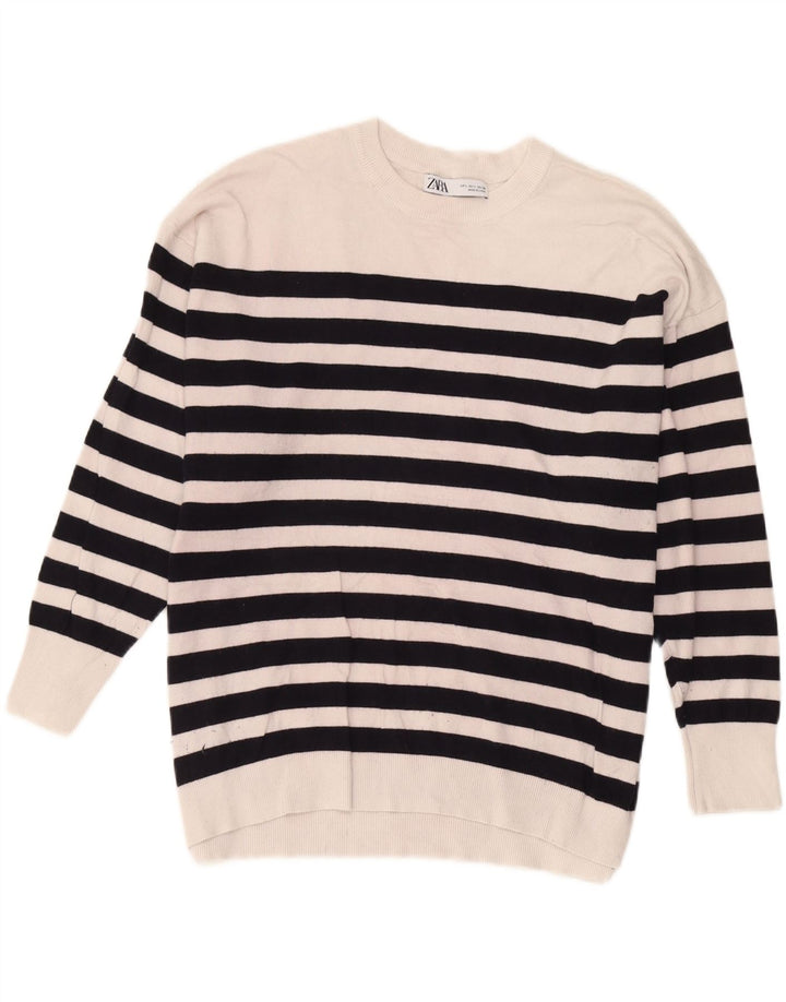 Suéter feminino Zara com gola redonda grande e listrado branco grande UK 16