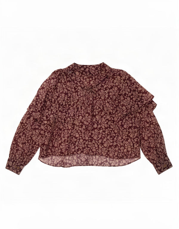 Zara Blusa feminina oversized cropped manga comprida UK 6 XS Borgonha floral