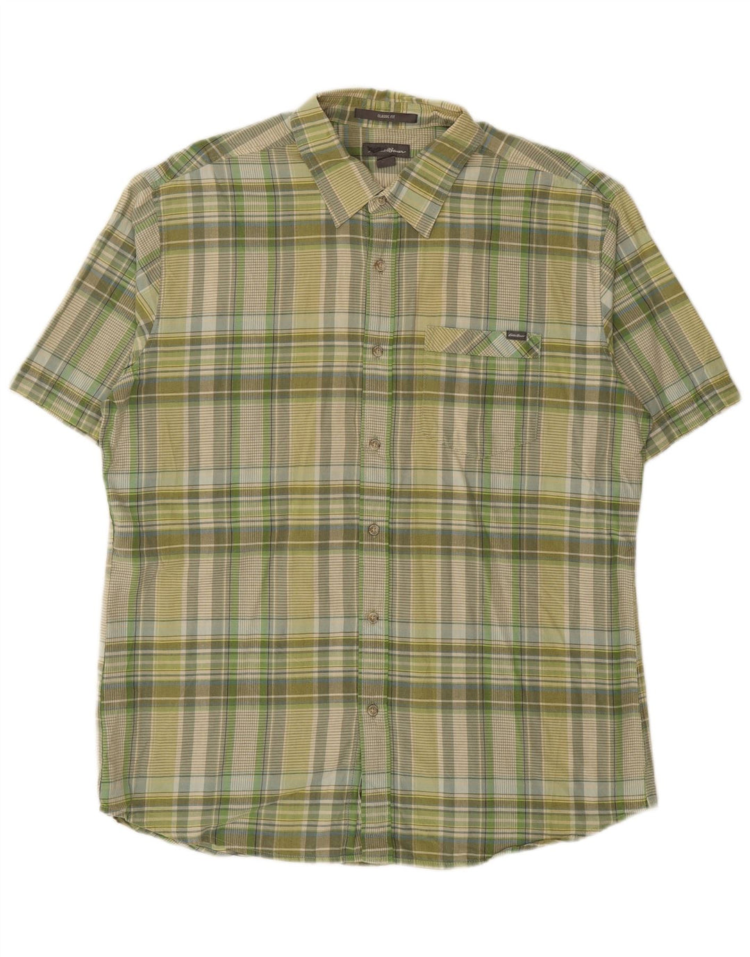 Camisa masculina EDDIE BAUER de manga curta com ajuste clássico, algodão xadrez verde grande