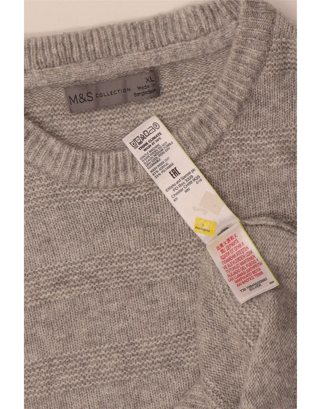 Suéter masculino Marks & Spencer com gola redonda XL cinza listrado acrílico