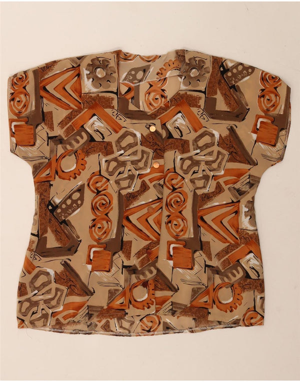 Blusa feminina vintage de manga curta UK 14 grande bege geométrica