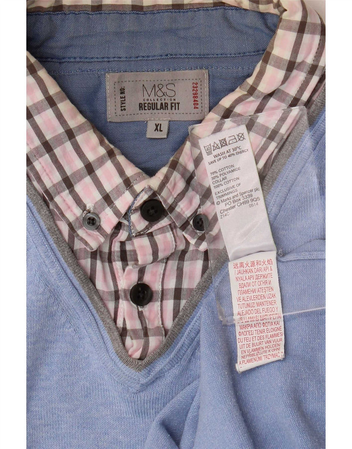 Suéter masculino Marks & Spencer com ajuste regular e decote em V XL de algodão xadrez azul