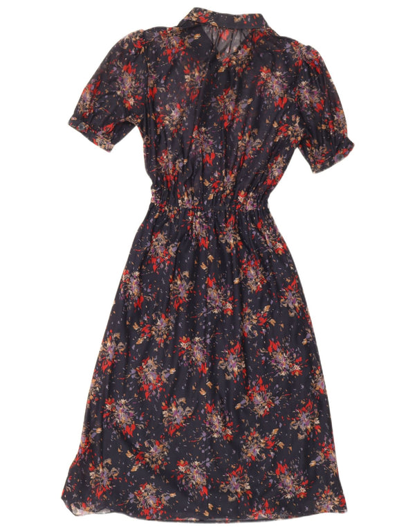 Vestido vintage feminino evasê UK 10 pequeno azul marinho floral