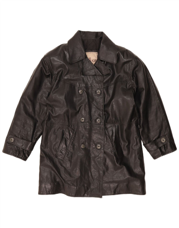 Casaco feminino de couro grande com peito duplo GF UK 10 couro preto pequeno