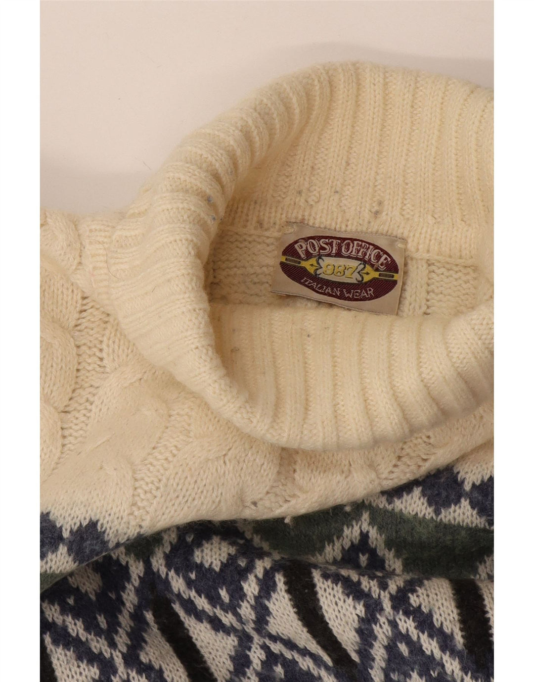 Suéter masculino vintage com gola redonda, meio branco geométrico