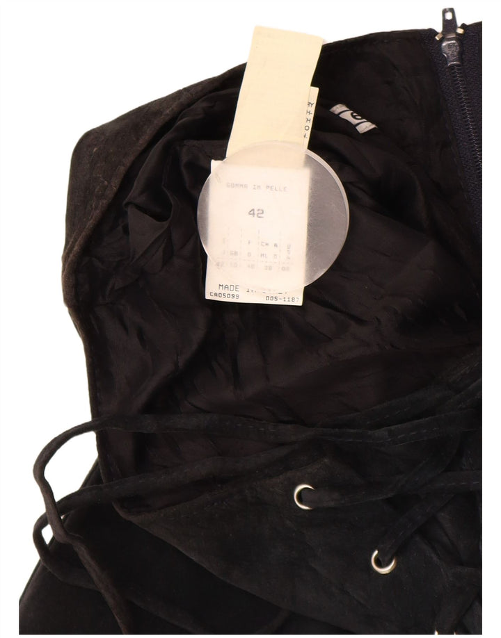 Saia maxi feminina de camurça VINTAGE Reino Unido 10 pequena W26 couro preto