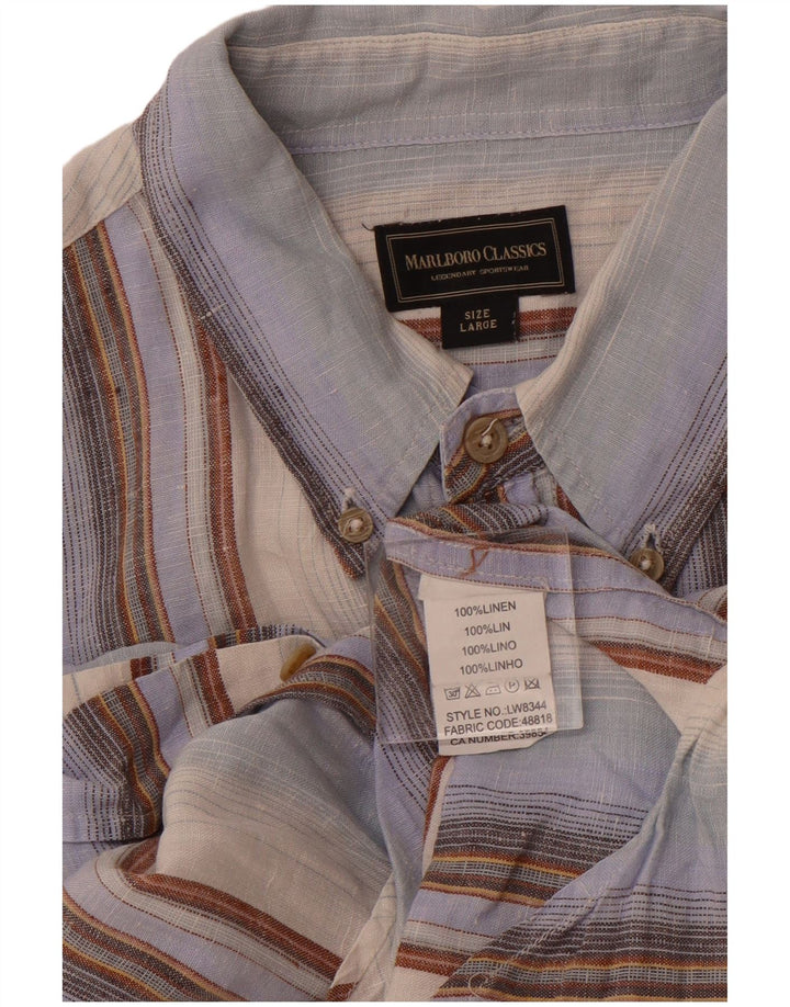 MARLBORO CLASSICS Camisa masculina de manga curta grande linho listrado azul