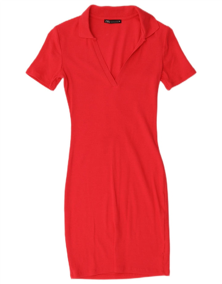 Vestido bodycon feminino Zara Reino Unido 8 pequeno algodão vermelho