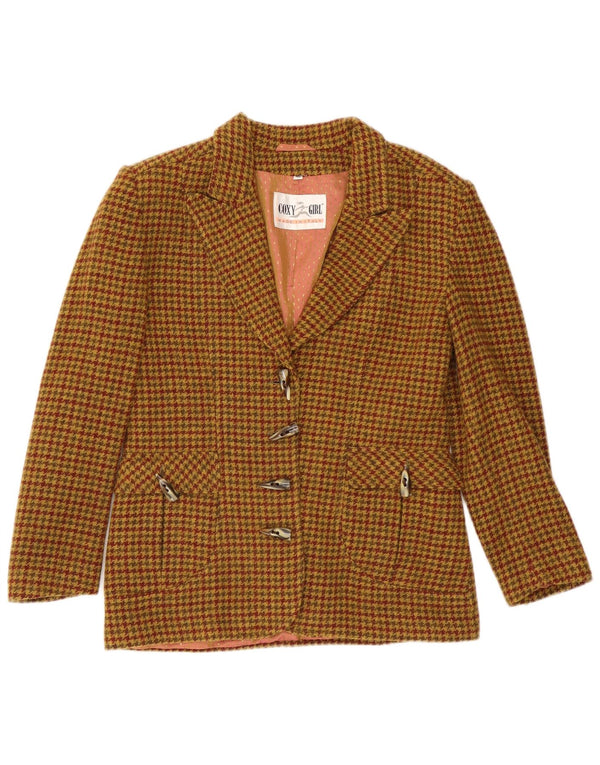 Jaqueta blazer feminina vintage com 4 botões IT 46 grande lã marrom houndstooth