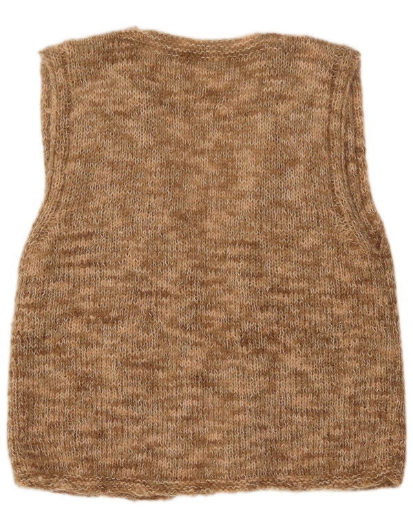 Suéter cardigã aberto sem mangas feminino vintage Reino Unido 16 grande marrom manchado