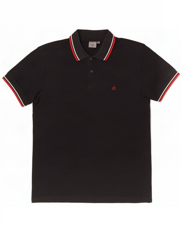 Camisa polo masculina Calvin Klein pequena listrada preta de algodão