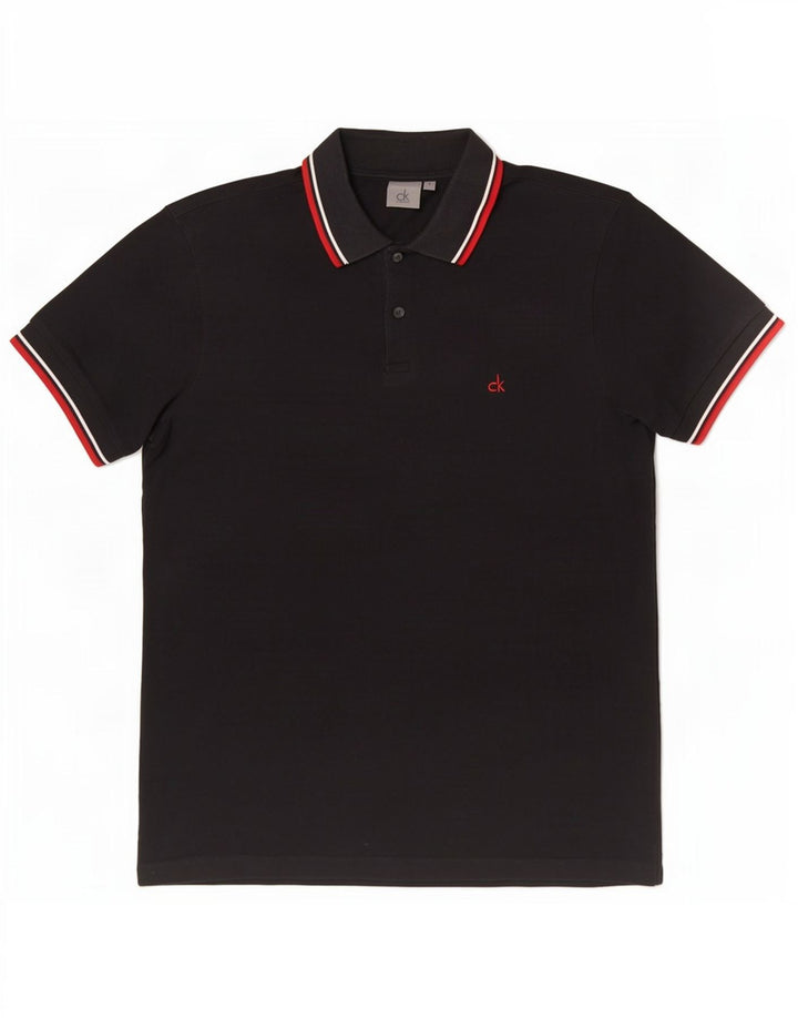 Camisa polo masculina Calvin Klein pequena listrada preta de algodão