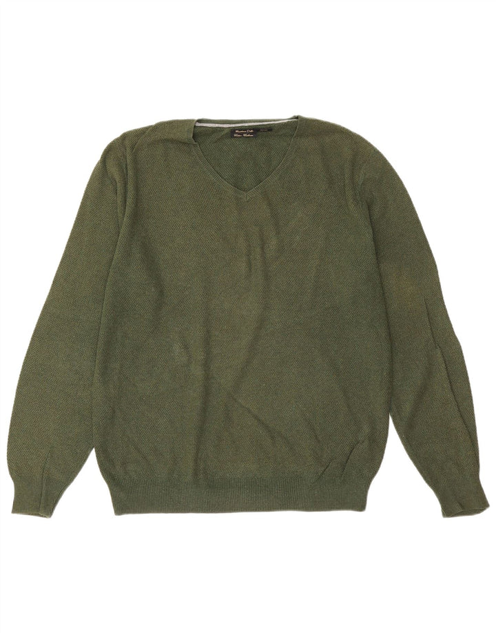 Suéter masculino Massimo Dutti com decote em V, grande algodão verde