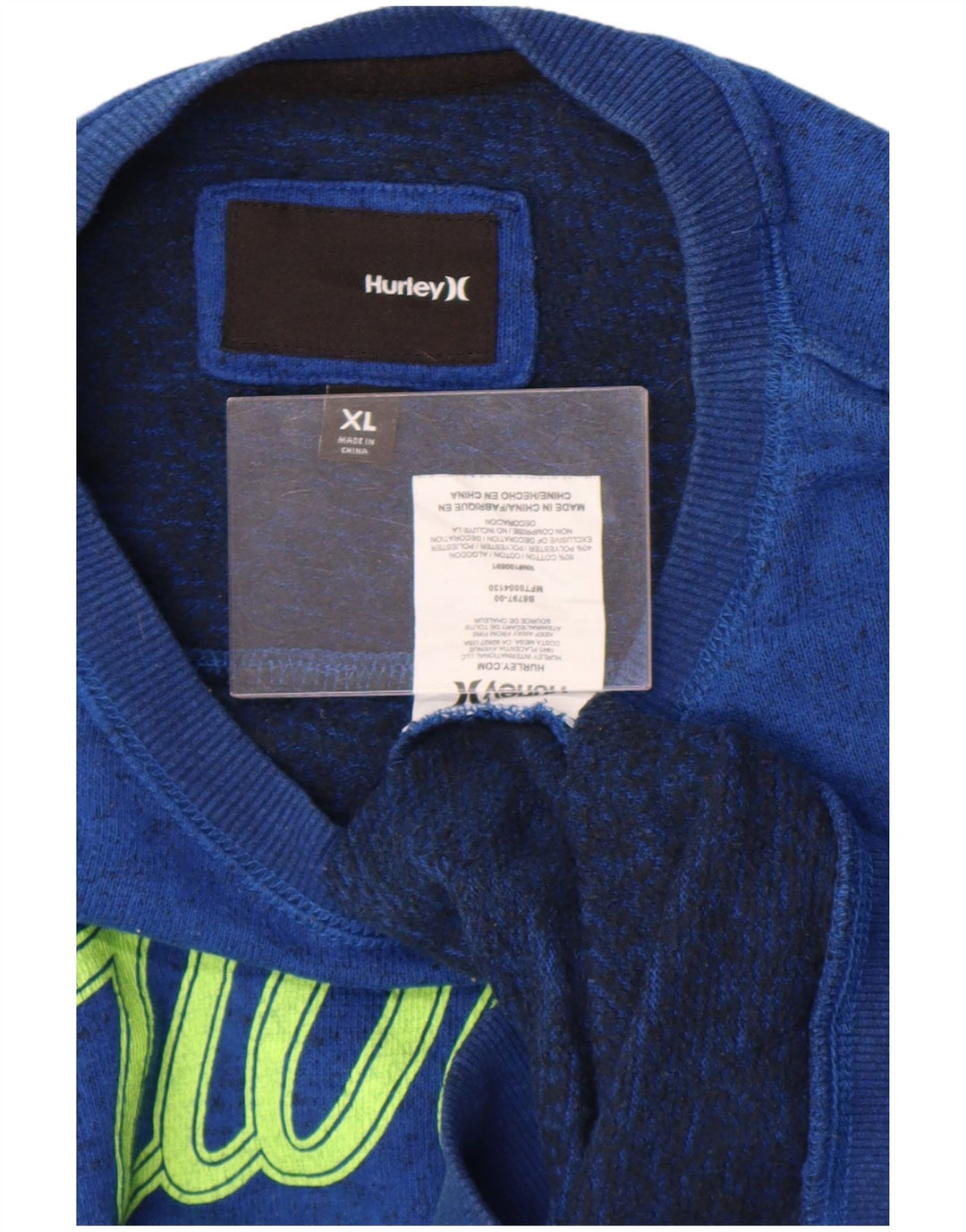 Suéter gráfico masculino Hurley XL algodão manchado azul