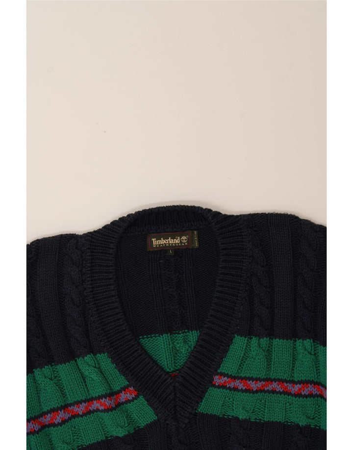 TIMBERLAND Mens V-Neck Jumper Sweater Large Navy Blue Striped Cotton Vintage Timberland and Second-Hand Timberland from Messina Hembry 