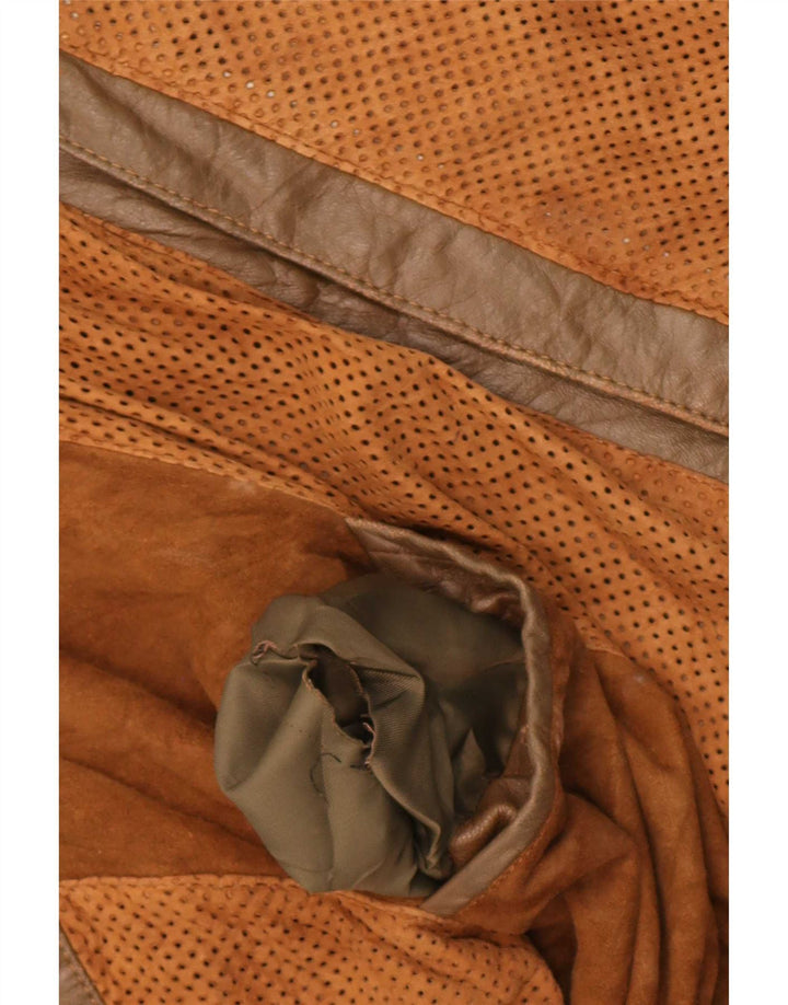 Jaqueta de couro bomber masculina vintage Reino Unido 38 bloco colorido marrom médio
