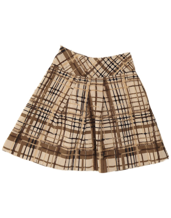Saia plissada feminina Sportmax UK 10 pequena W27 seda xadrez marrom