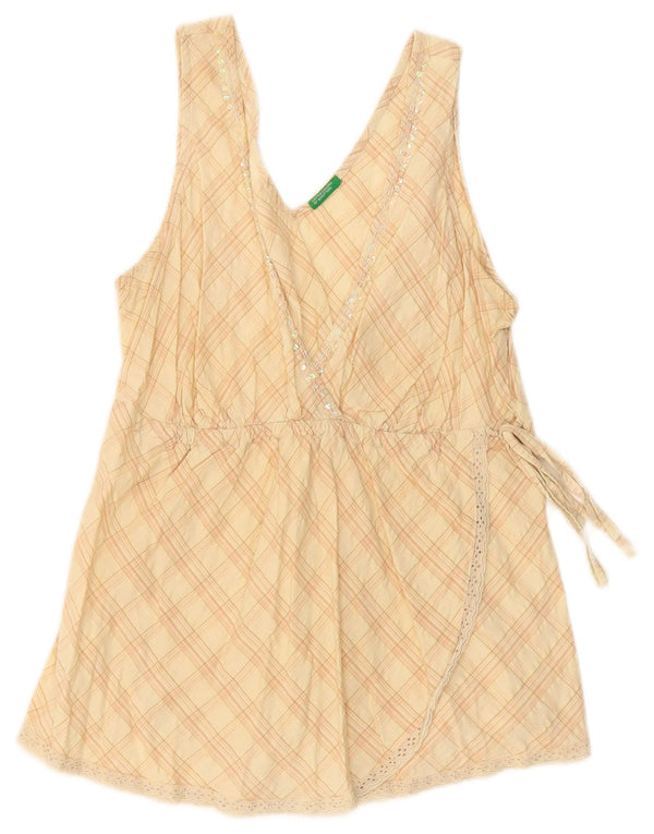 Blusa feminina sem mangas Benetton UK 14 grande algodão xadrez bege