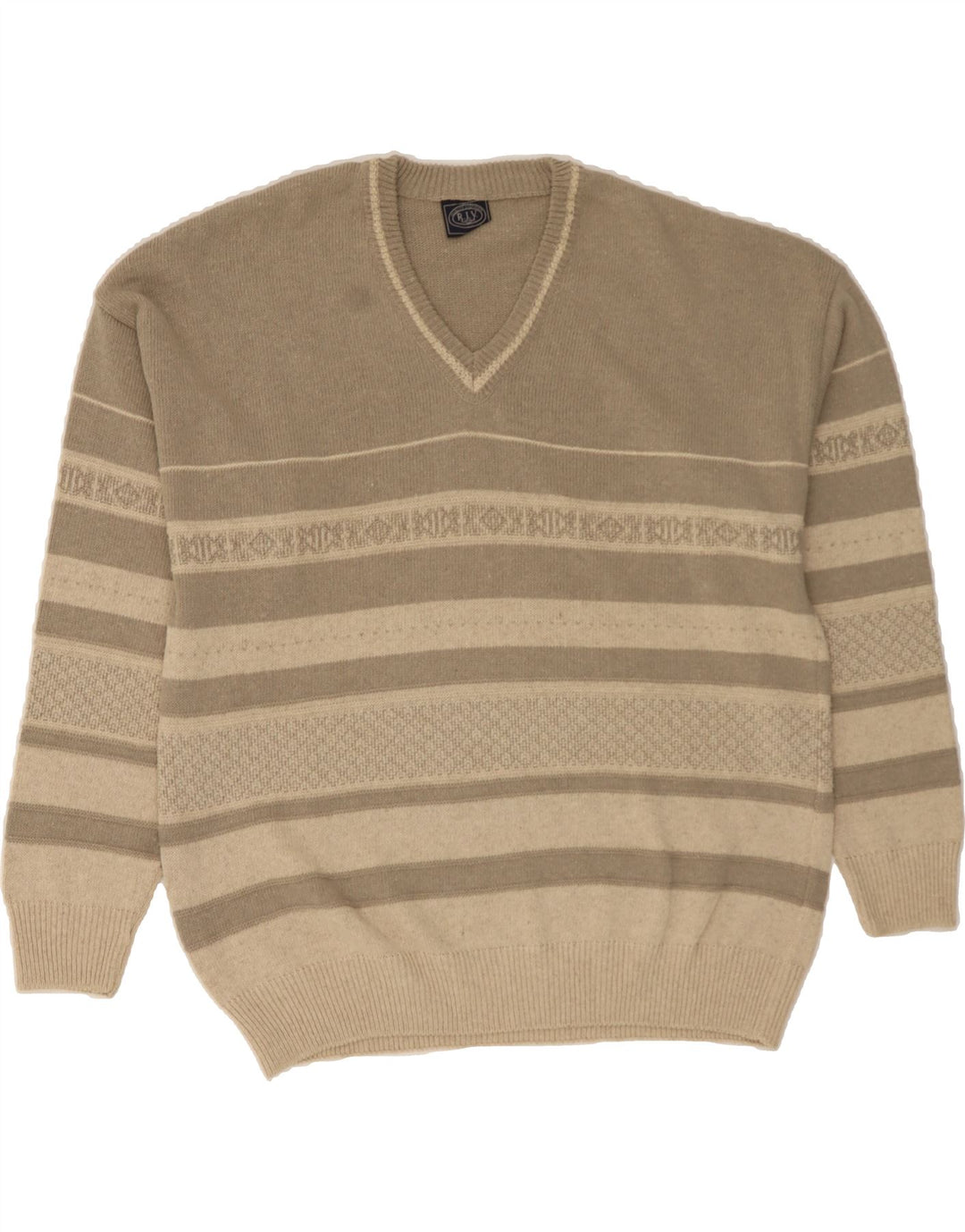 VINTAGE Mens V-Neck Jumper Sweater XL Grey Striped Acrylic Vintage Vintage and Second-Hand Vintage from Messina Hembry 
